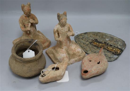 Two Han Dynasty style terracotta funerary figures, a Han Dynasty style relief bronze plaque and three other items,